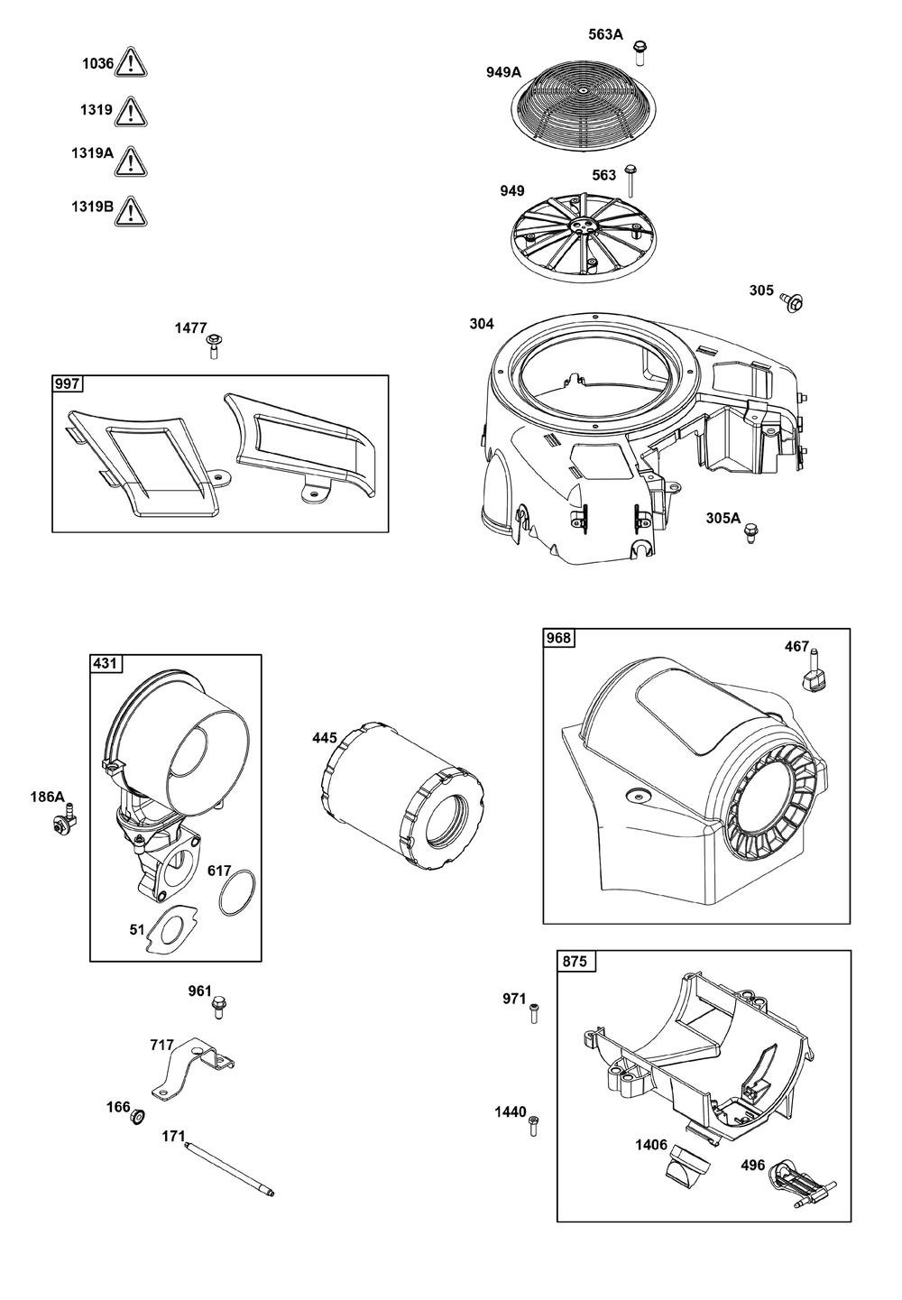 Blower Housing And Air Cleaner Group Diagram and Parts List for 49X977-0005-J1 400000 - 699999 Briggs and Stratton Engine